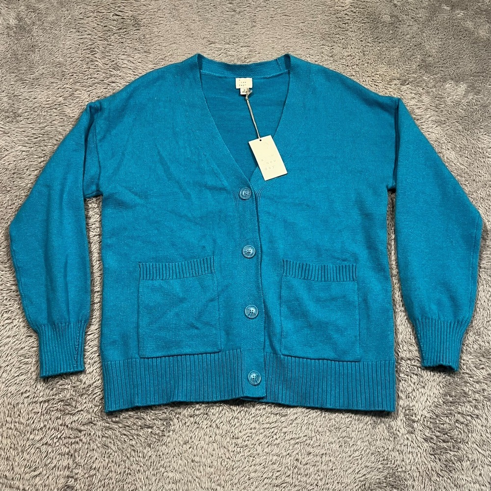 A New Day Cardigan Chore Pocket Button Up‎ Blue Teal Long Sleeve Women's S NWT